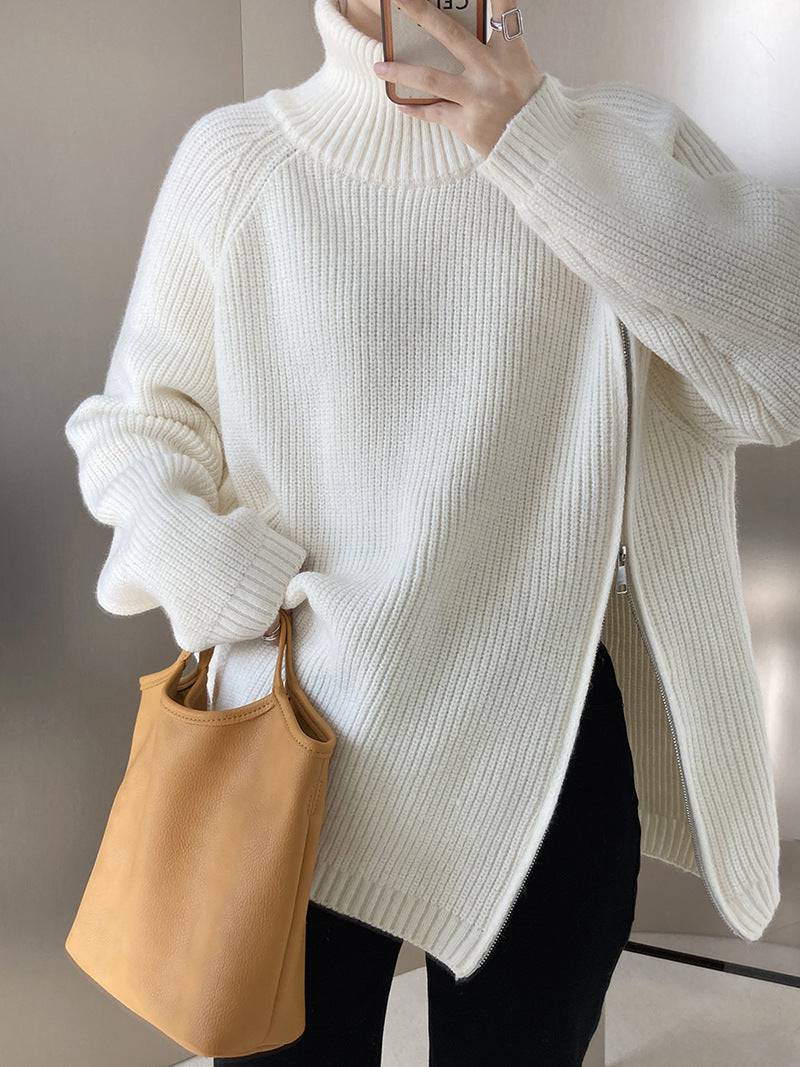 Lazy Casual Double Headed Zipper Turtleneck Sweater for Women  One Size Ivory 