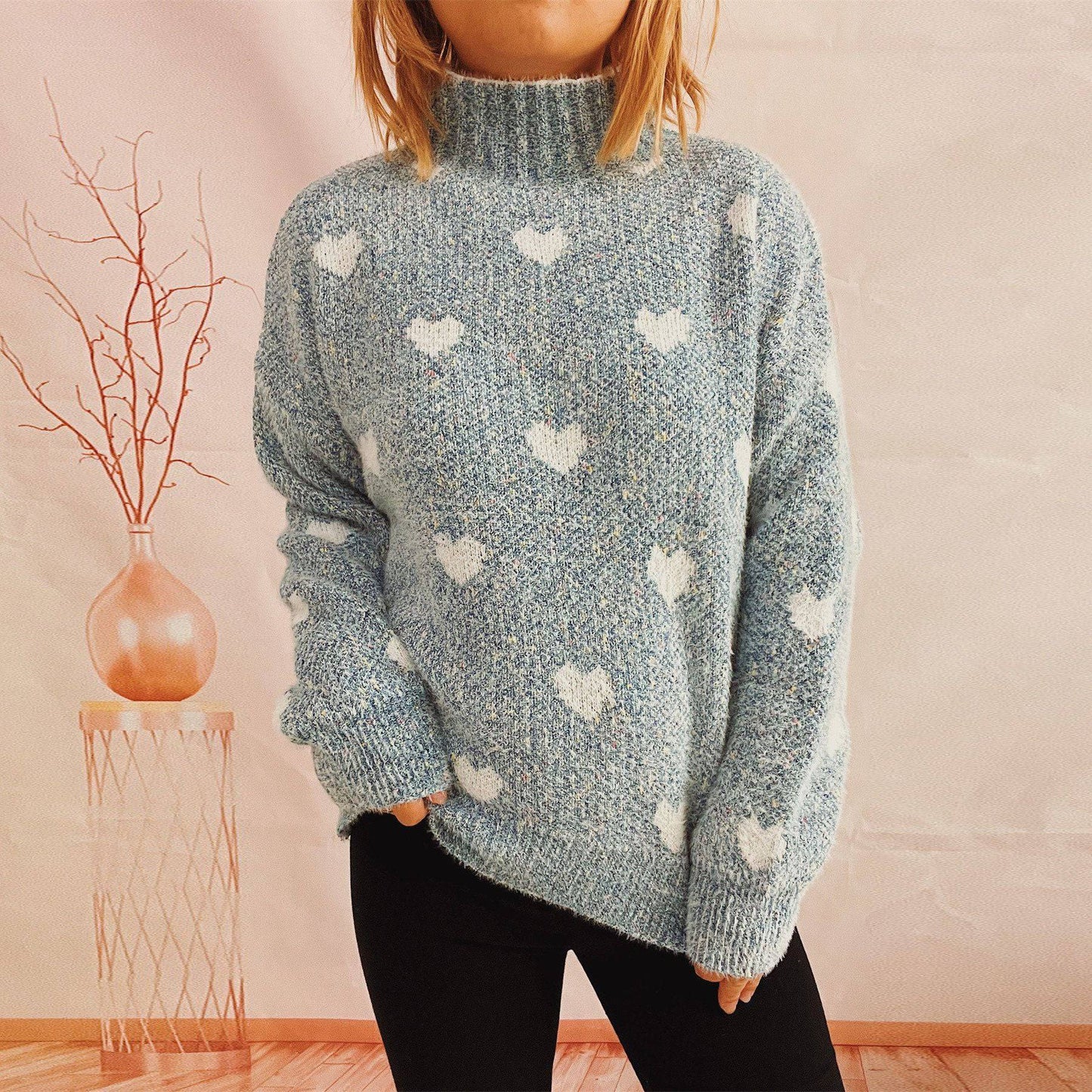 Lovely Heart Jacquard Knit Pullover for Autumn/Winter  S Blue 