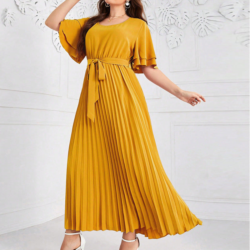 Plus Size Summer Square Collar Large Swing Dress Elegant Short Sleeve Lace up Slimming Pleated Dress - Wild Amber Fashion