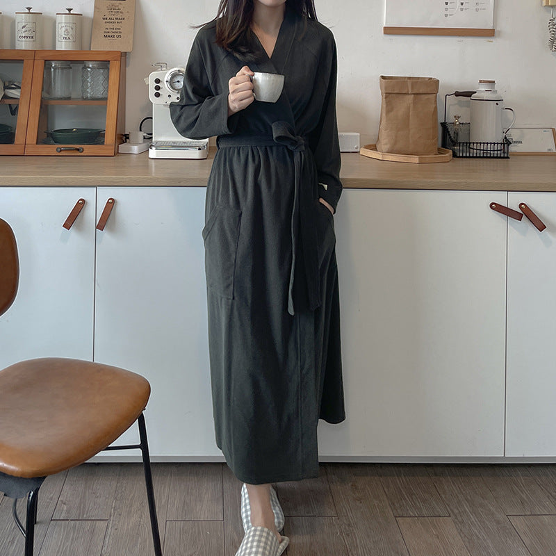 Korean Placket Nightgown Women's Design Autumn Winter Cotton Towel Material Warm Skin Friendly Cardigan Loose Pajamas  One Size Dark Grey 