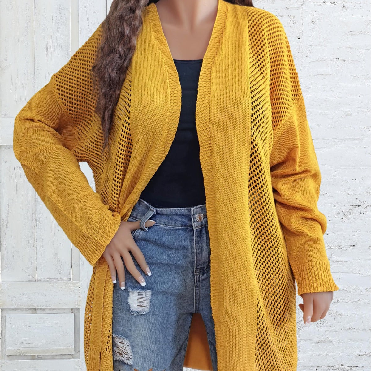 Plus Size Women Clothes Hollow Out Cutout Woven Coat Long Casual Outer Wear Cardigan Air Conditioning Shirt - Wild Amber Fashion