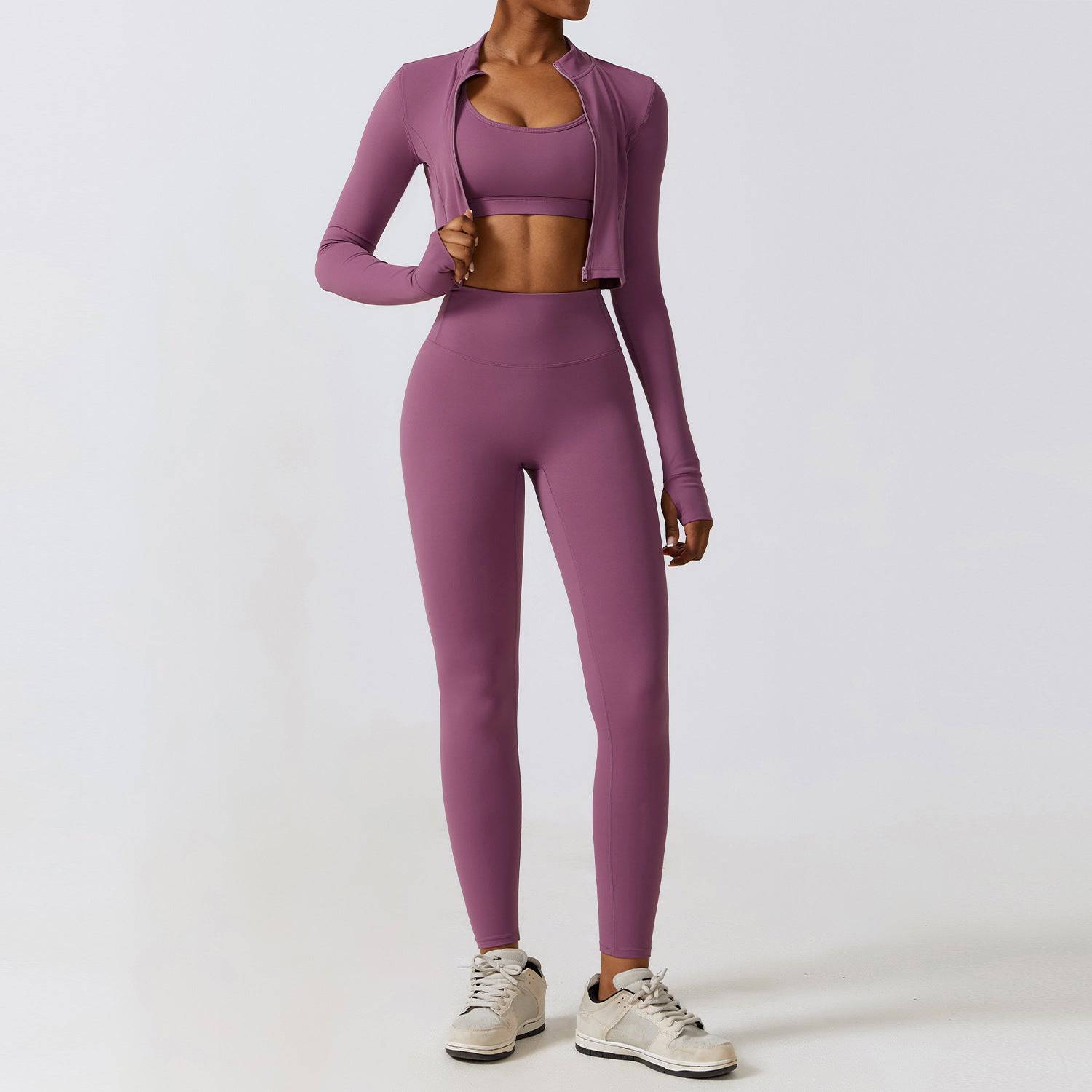 Elevate Your Active Style Three Piece Yoga Set  S Bra Coat Trousers Prune Purple 