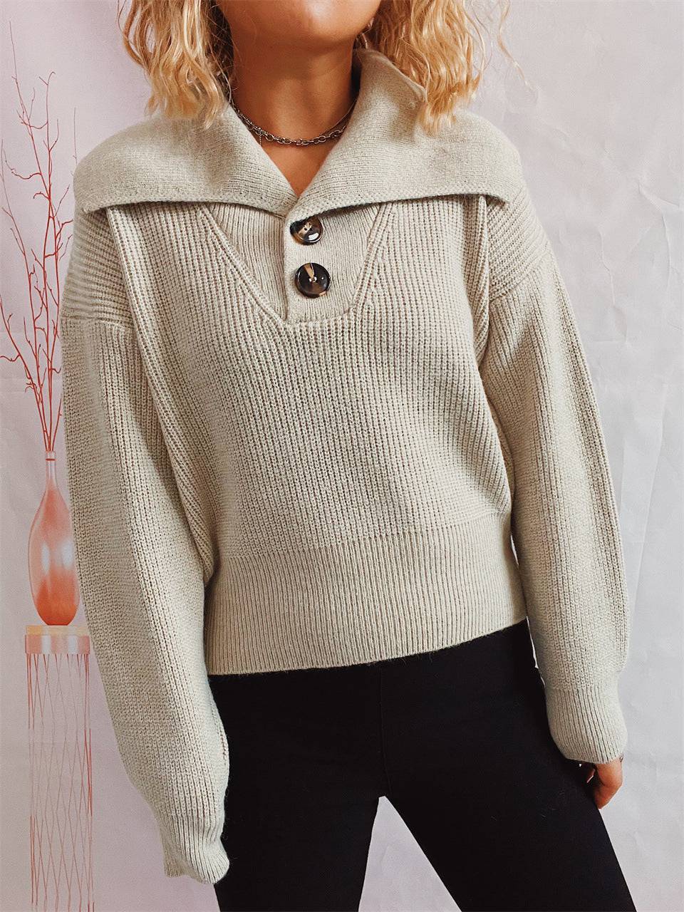 Professional Chic Collared Knit Sweater for Women  S Khaki 