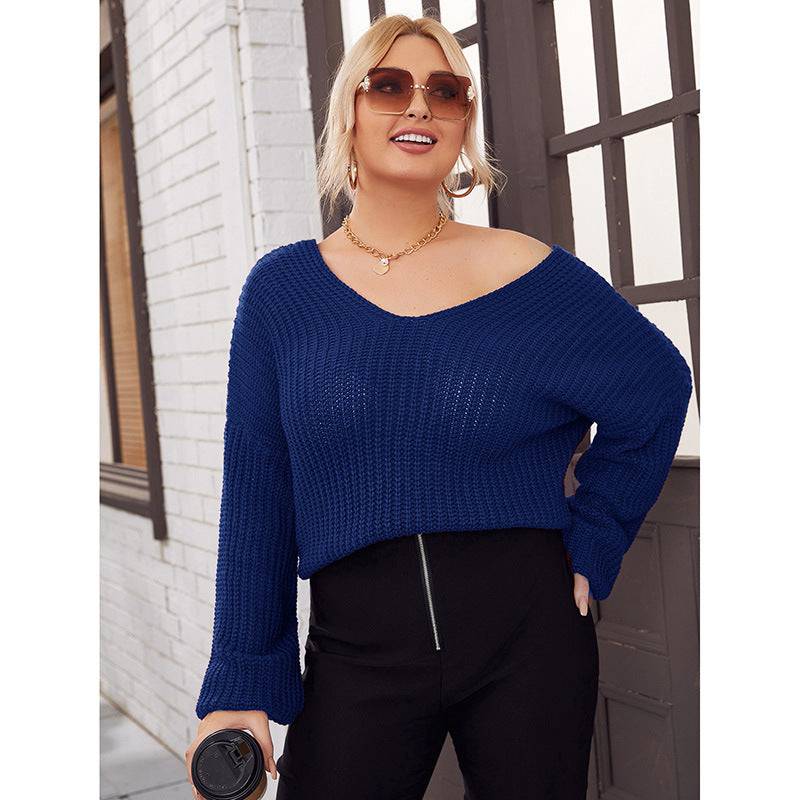 Plus Size Real Shot Women Clothing Autumn Winter V neck Knitted Sweater for Women - Wild Amber Fashion