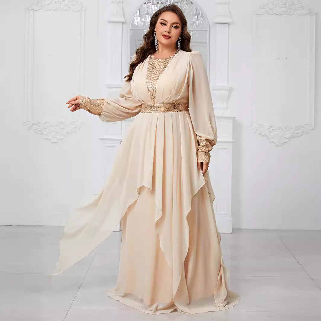 Plus Size Chiffon Stitching Sequined Lantern Sleeve Irregular Asymmetric Ruffles Elegant Party Dress - Wild Amber Fashion