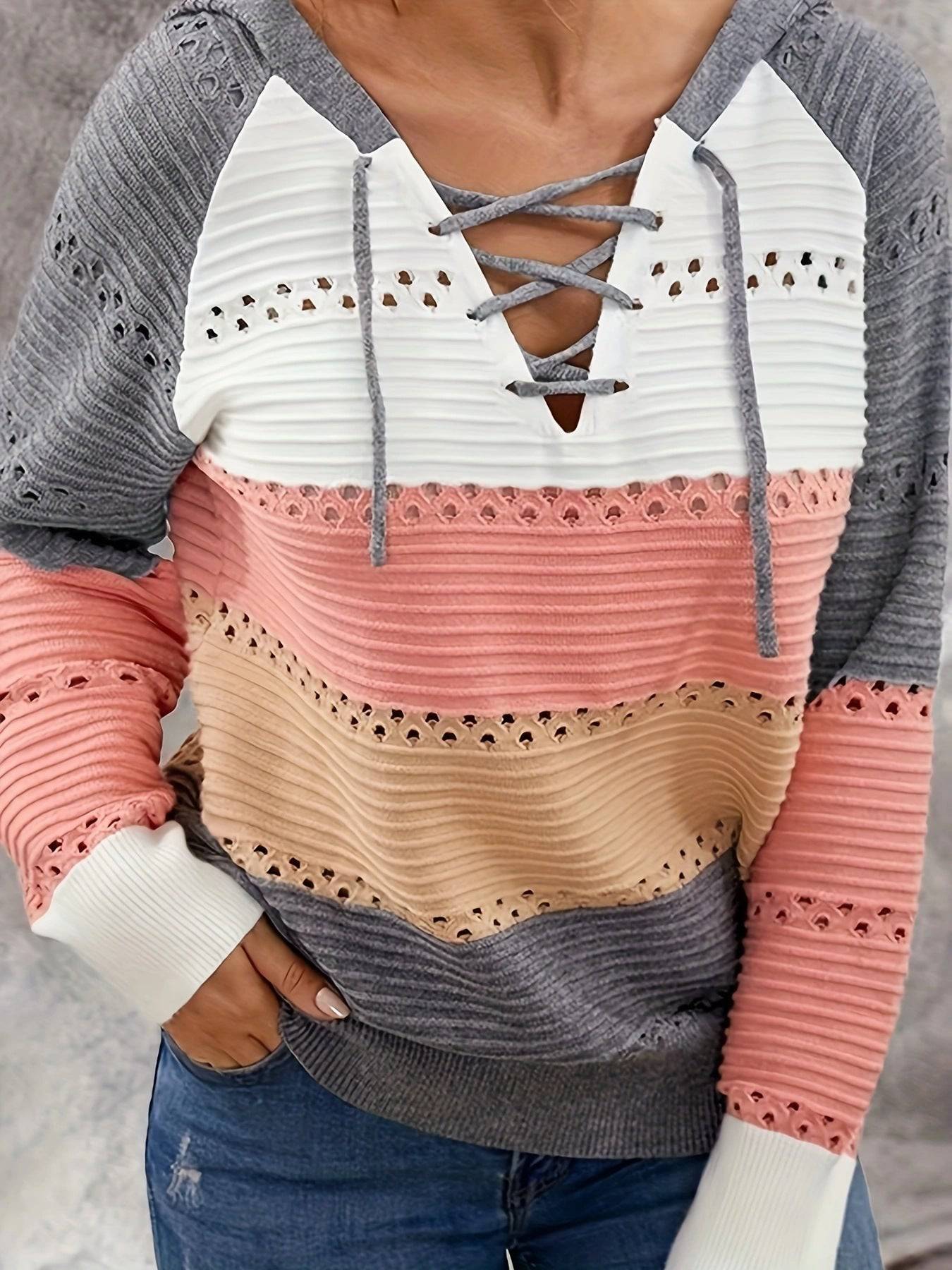 Striped V-Neck Hooded Knit Sweater with Hollow Out Details  S Gray 