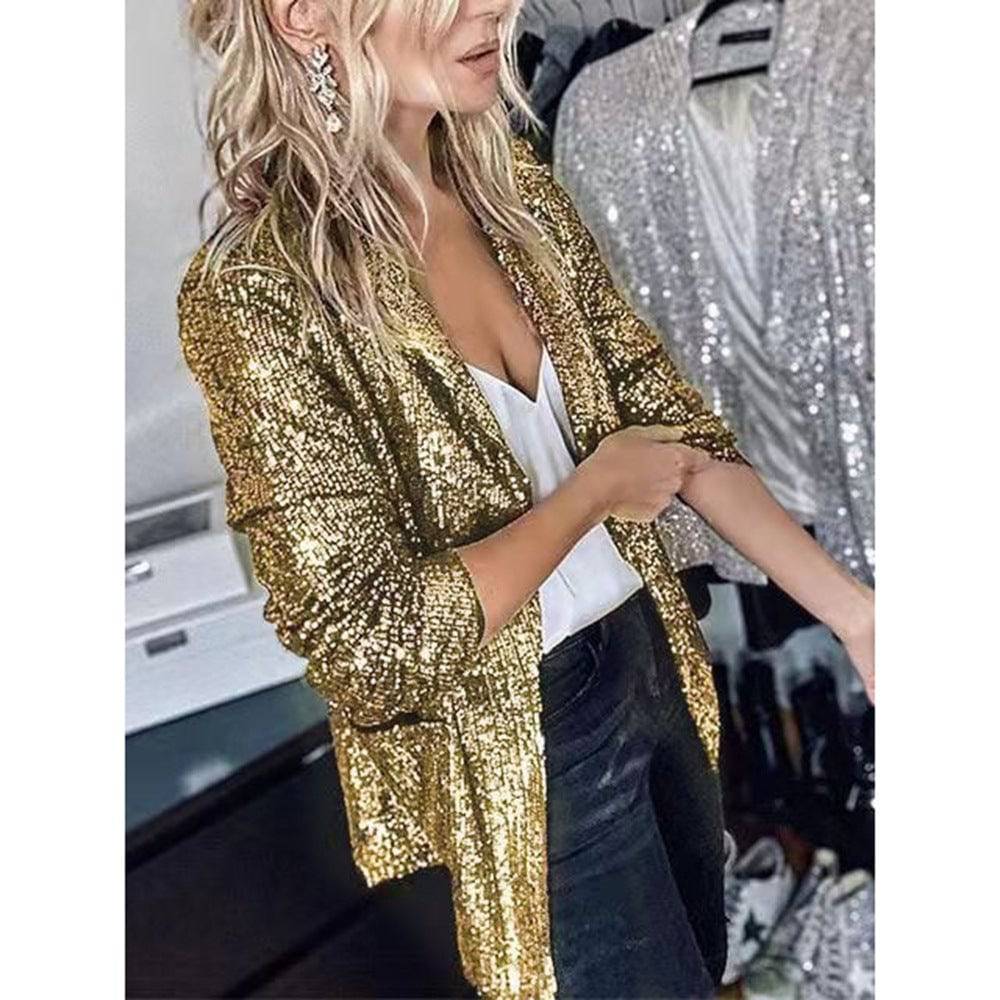 Stylish Sequin Collared Blazer for Women  XS Yellow 