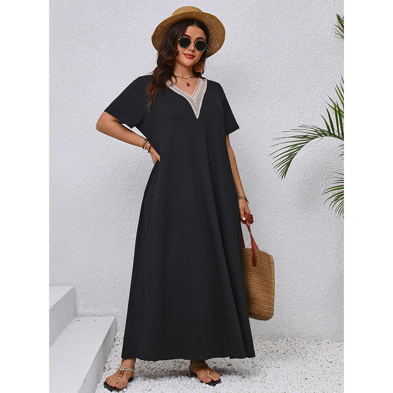 Plus Size Summer V neck Slimming Maxi Dress Elegant Black Loose Women Dress - Wild Amber Fashion