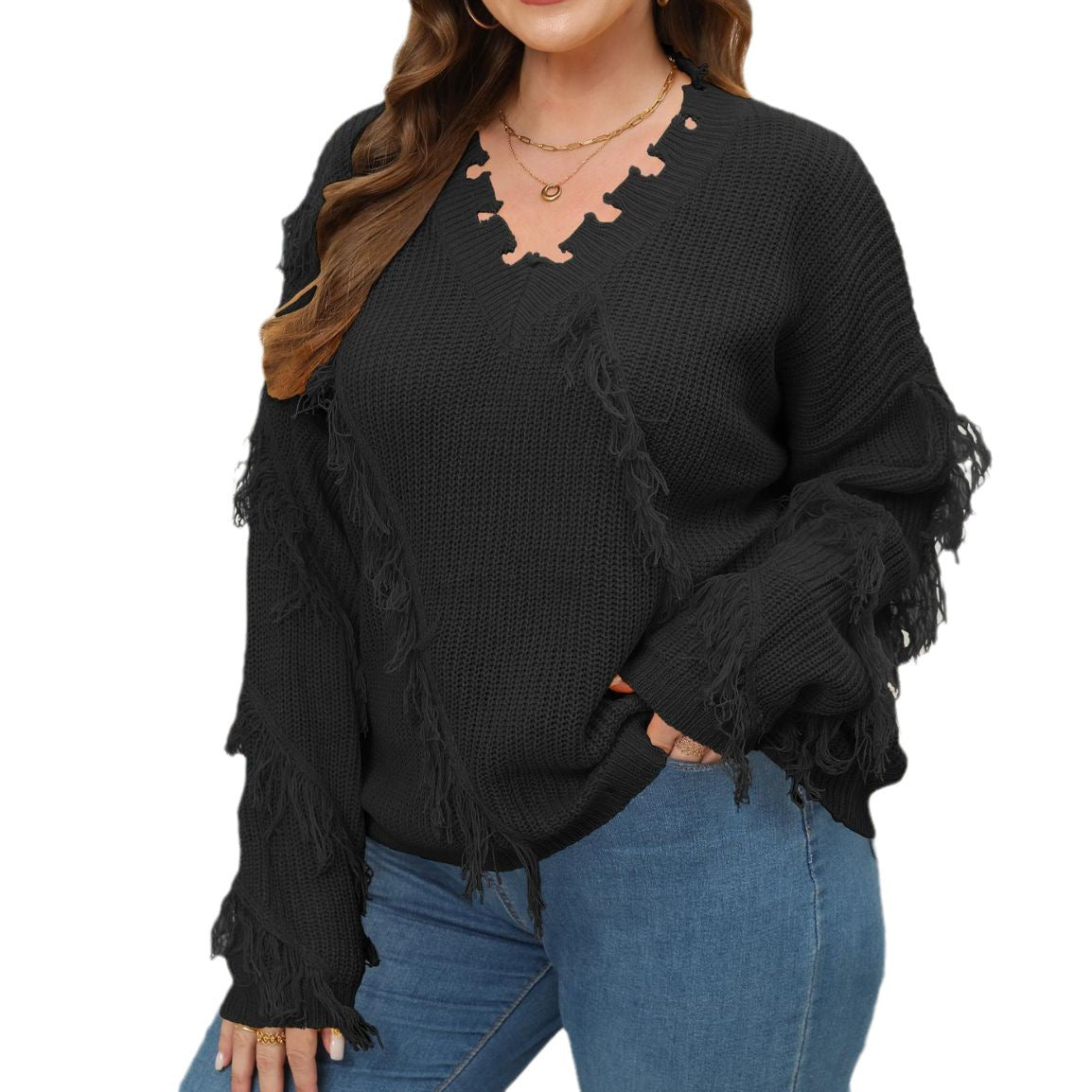 plus Size Women Woven Shirt Women Clothes Autumn Winter V-neck Beard Tassel Splicing Pullover Sweater - Wild Amber Fashion