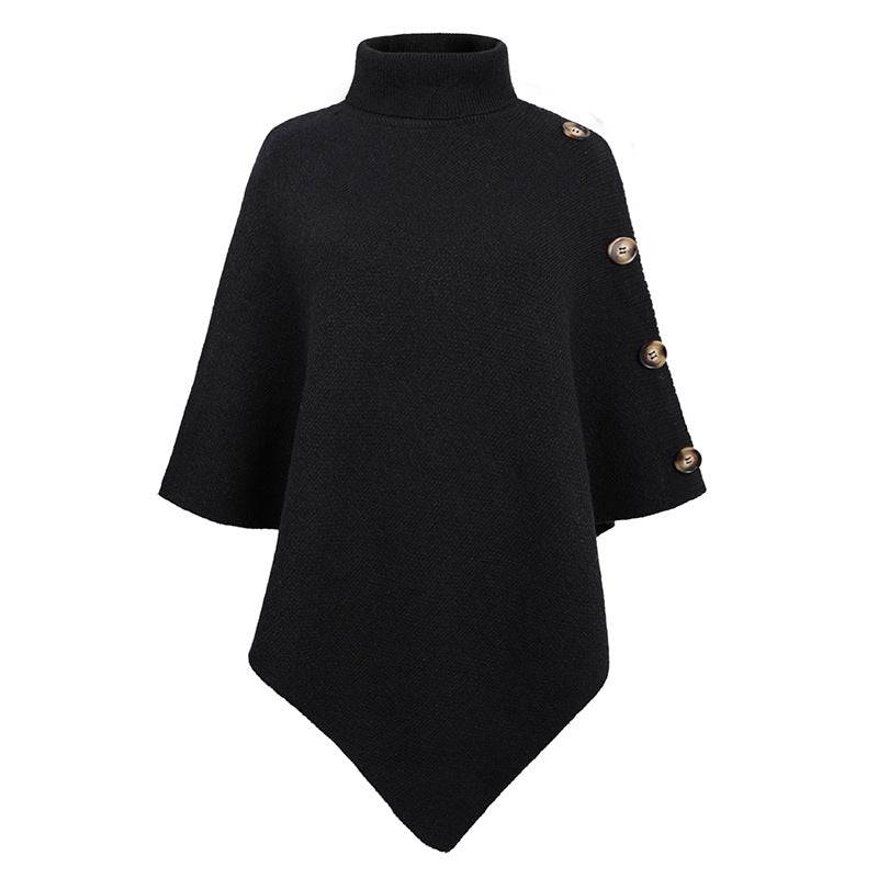 Trendy High Neck Solid Color Cape Sweater  One Size Black 