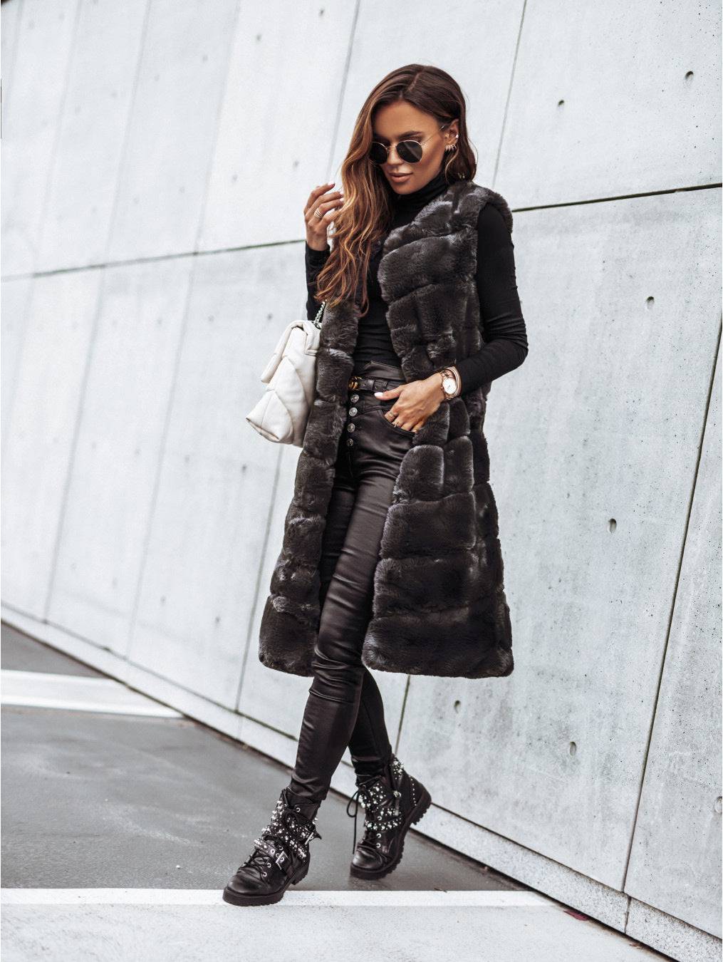 Fur-lined Long Vest Coat for Women's Autumn/Winter Casual Wear  S Gray 