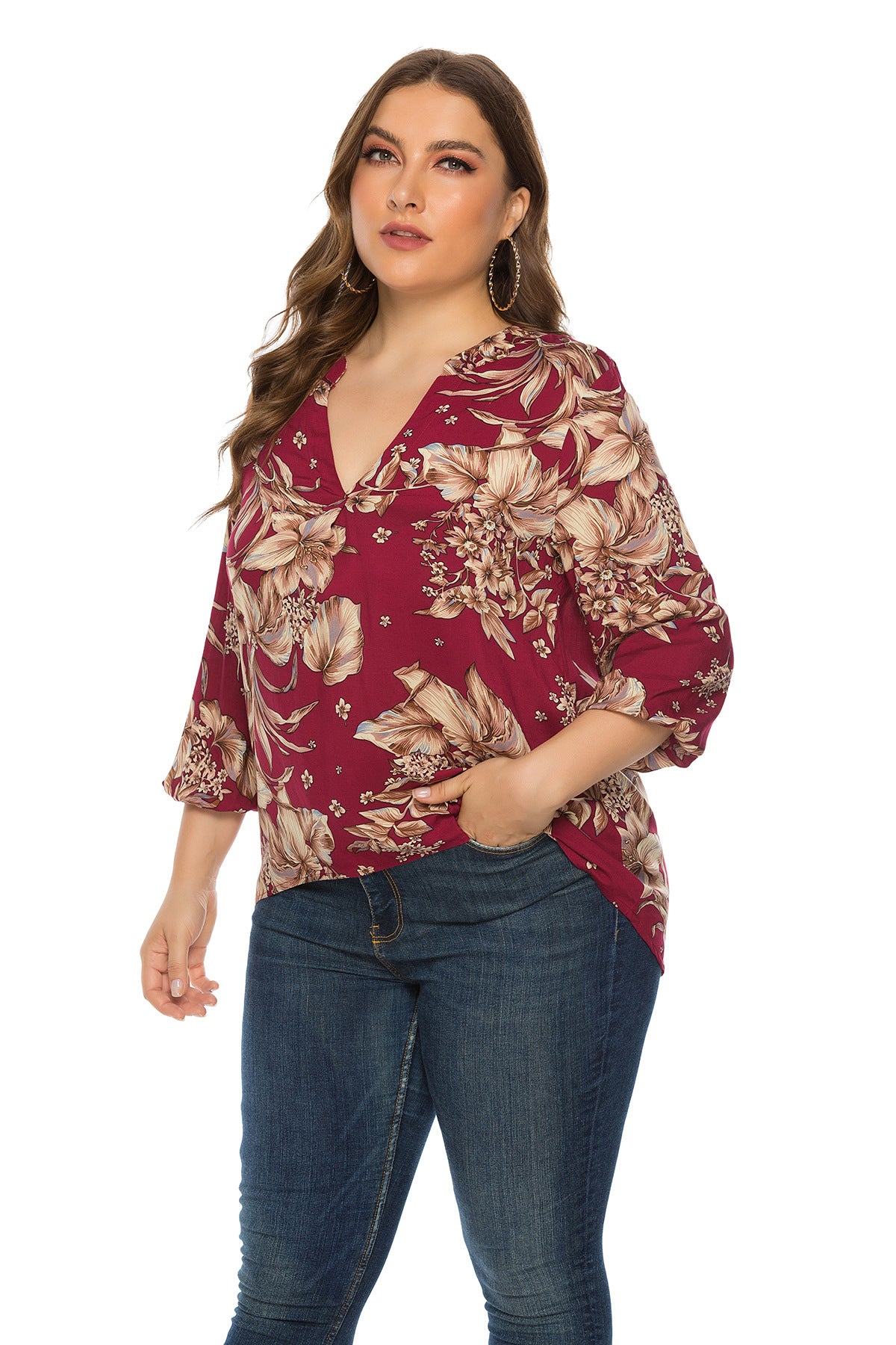 Plus Size Women Clothing Spring Autumn Long Sleeve V neck Printed Rayon Top - Wild Amber Fashion