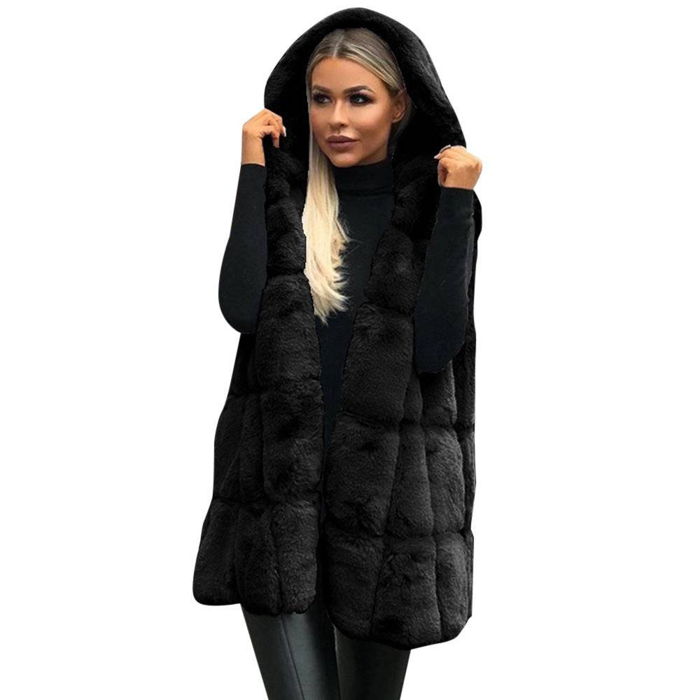 Faux Fur Hooded Vest for Women: Trendy Autumn/Winter Outerwear  S Black 