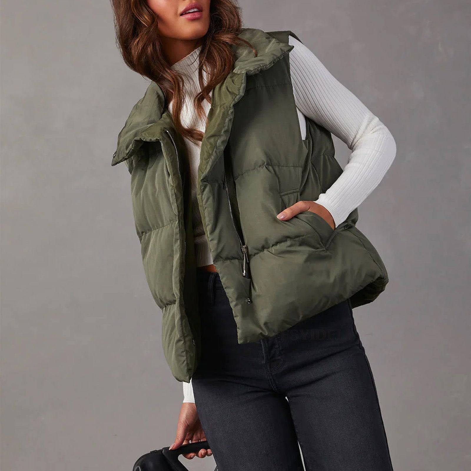 Stylish Sleeveless Padded Vest Jacket for Women - Autumn/Winter Collection  S Army Green 