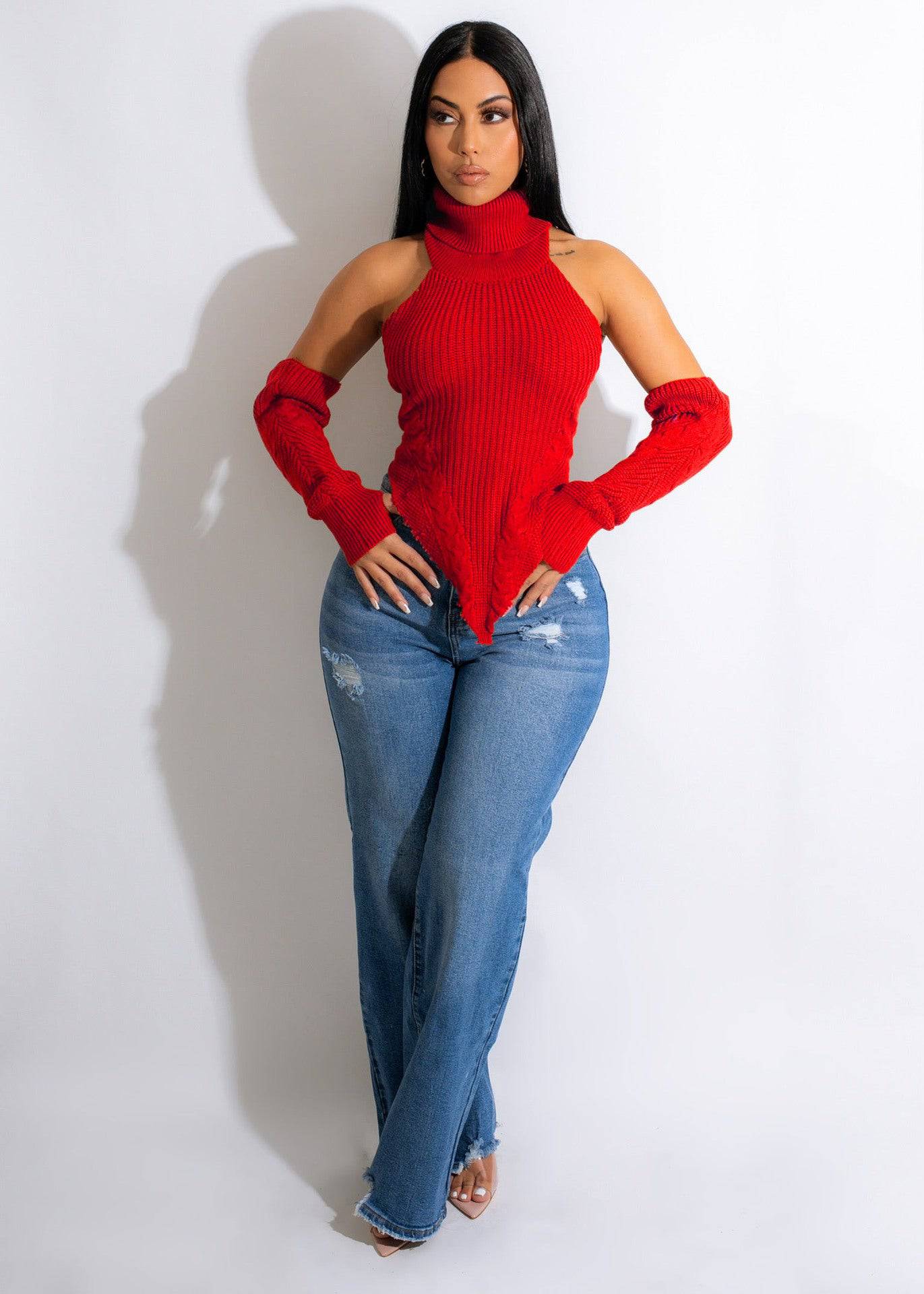 Hand Crochet Turtleneck Irregular Asymmetric Top for Autumn/Winter  S Red-5 