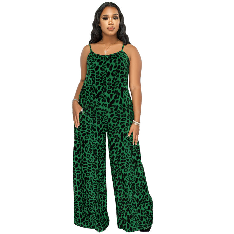 Plus Size New Jumpsuit Summer Leopard Print Sling Casual Jumpsuit - Wild Amber Fashion