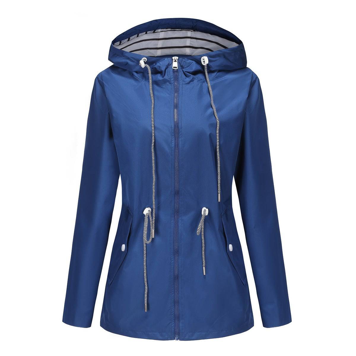 Long Sleeved Waterproof Mid Length Trench Coat Women Hooded Striped Raincoat Women Clothing  S Dream Blue 