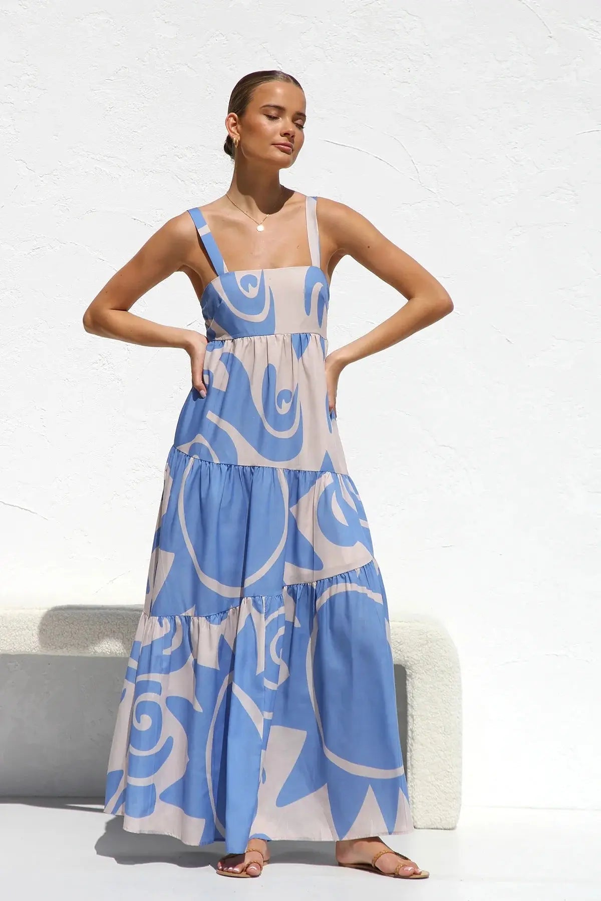 Bohemian Paradise Tiered Maxi Dress for Summer Escapes  S Blue 