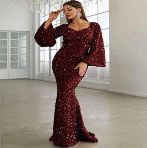 Elegant Sequin V-Neck Evening Dress for Women  S Burgundy 