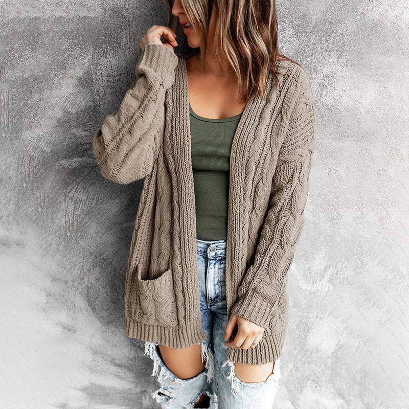 Solid Color Twist Knitted Cardigan Coat for Women - Autumn Winter Sweater with Pockets  S Khaki 