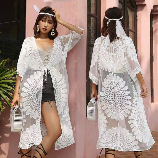 Lace Mid Length Cardigan Shawl Outer Match Sun Protection Clothing Beach Vacation Hollow Out Cutout Women Bikini Seaside Blouse Coat  One Size White 