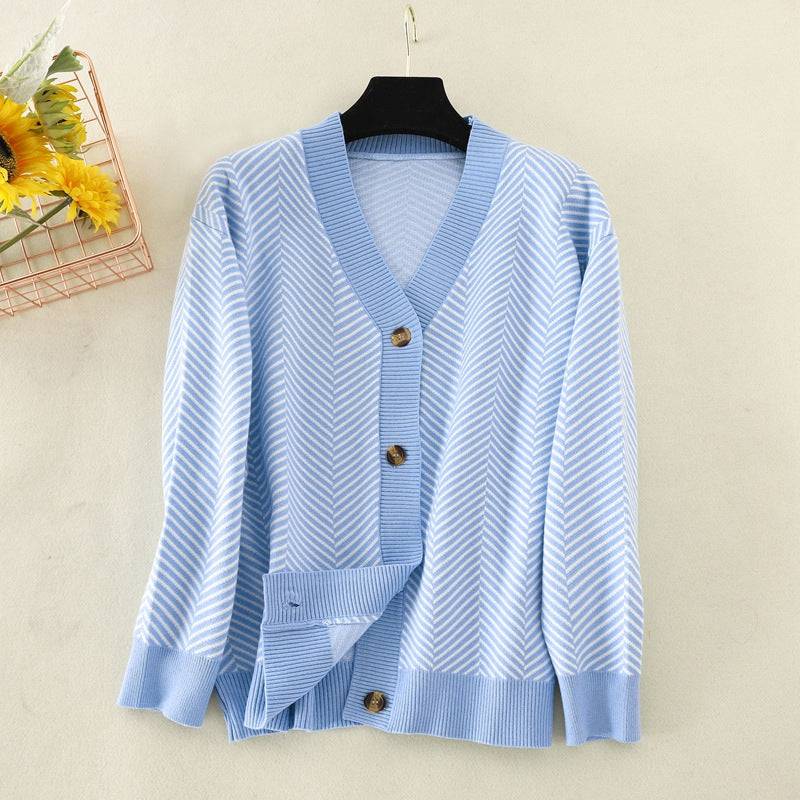 V-Neck Striped Sweater Jacket for Women  One Size Light Blue 