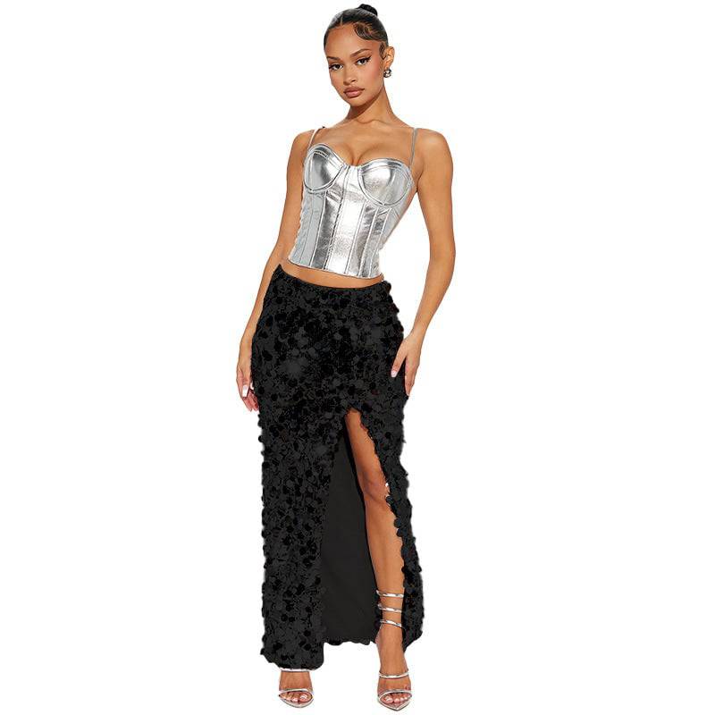 Sparkling Sequin Maxi Dress with Stylish Slit  S Black 