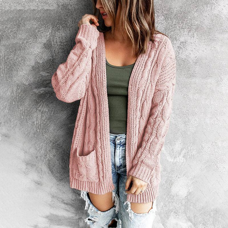 Solid Color Twist Knitted Cardigan Coat for Women - Autumn Winter Sweater with Pockets  S Pink 