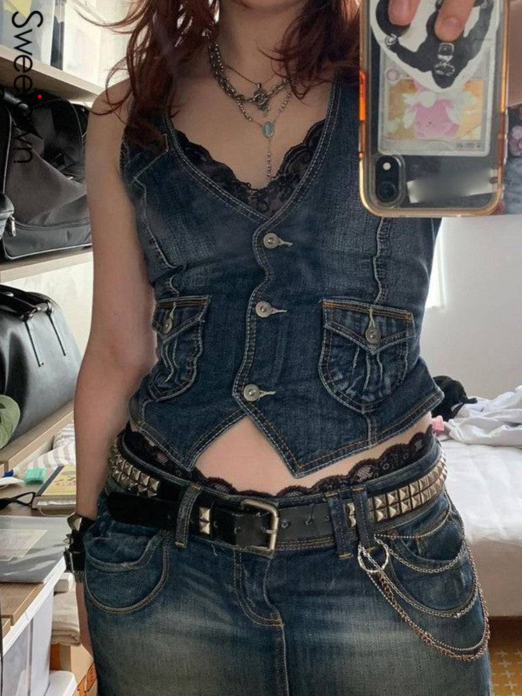 Women's Fitted Denim Vest  S Blue 