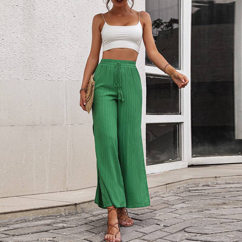 Elegant Lace-Up High Waist Wide Legged Pants for Women  S Green 