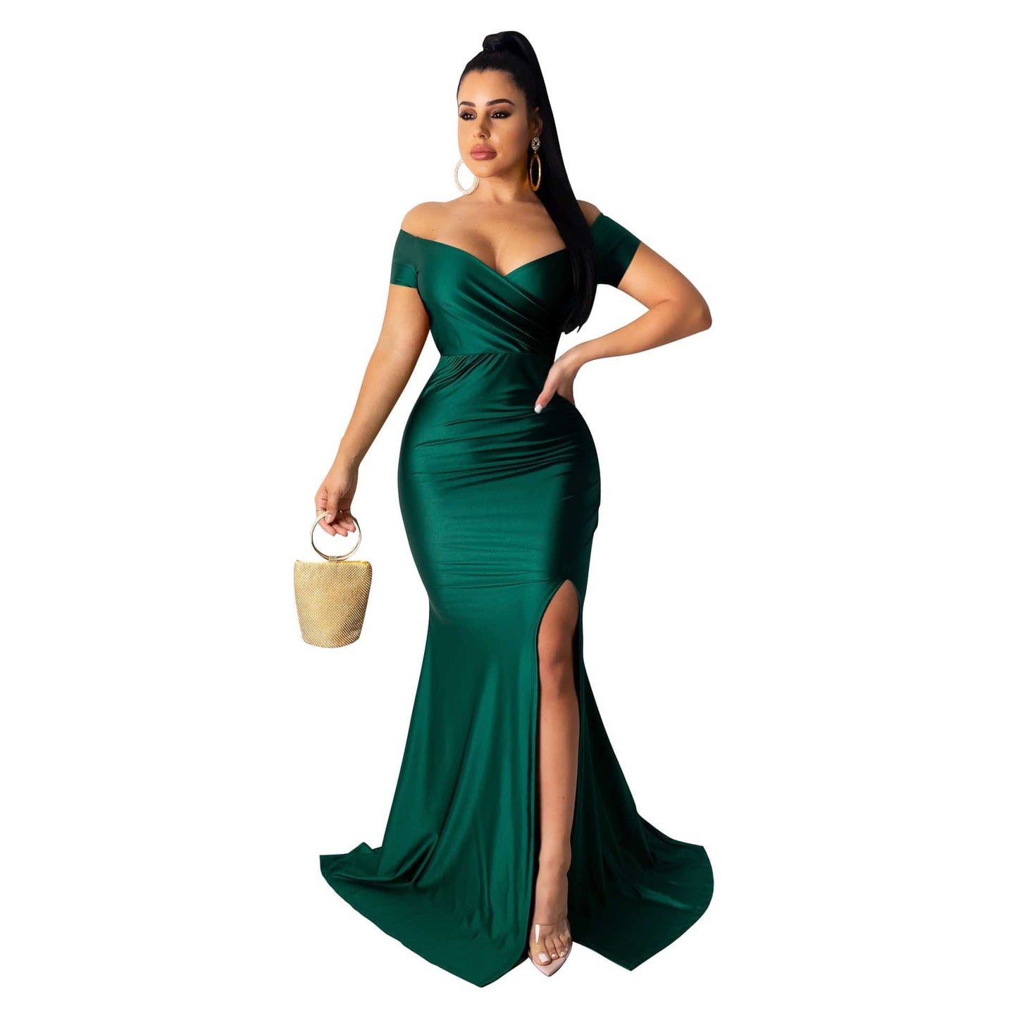 Glamorous V-Neck Maxi Dress for Women - Sexy Solid Color Nightclub Attire  S Green 