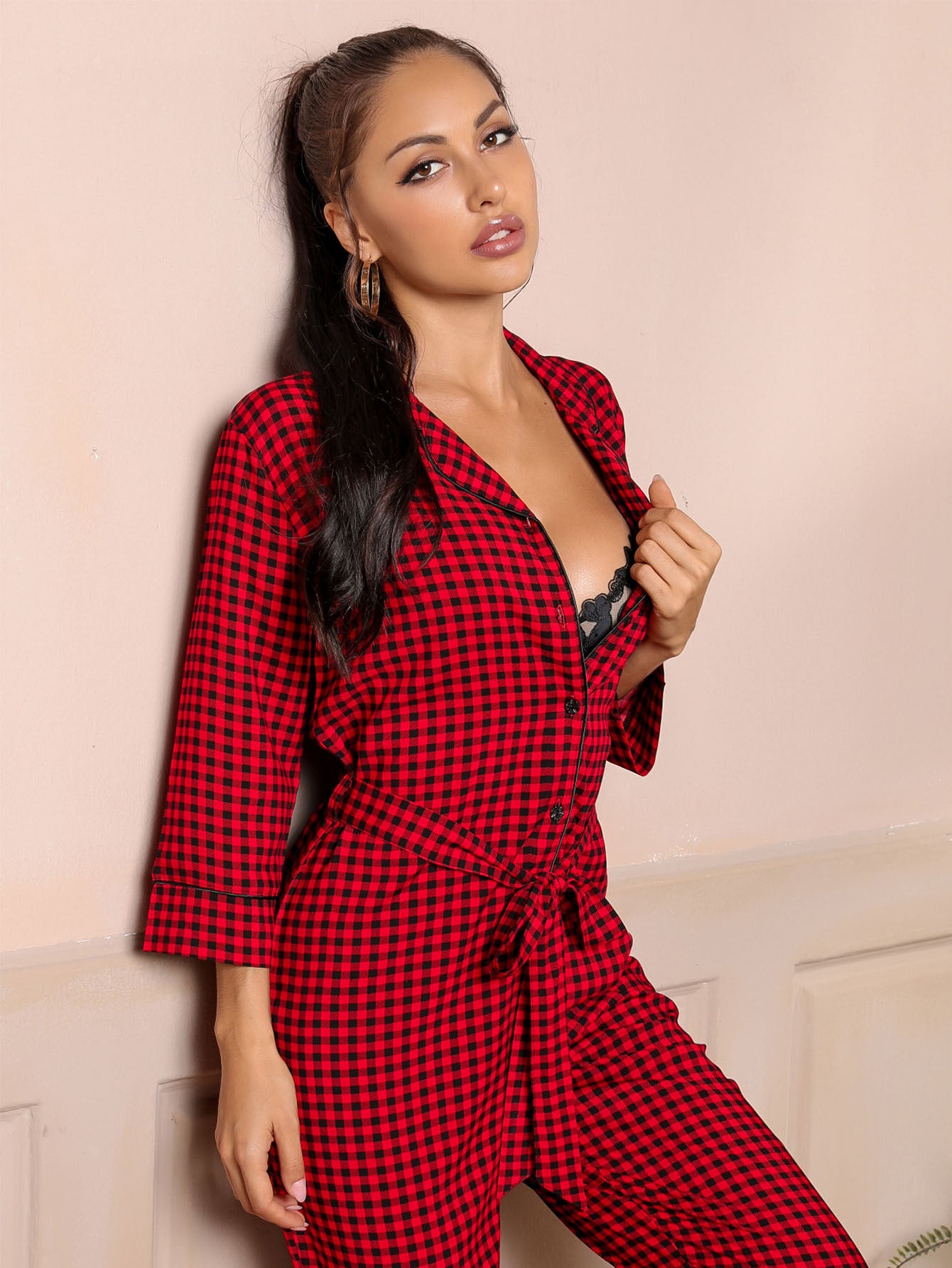 Spring Summer Pajamas Three Quarter Length Sleeves Cardigan V neck Simplicity Red Plaid Jumpsuit Home Wear - Wild Amber Fashion