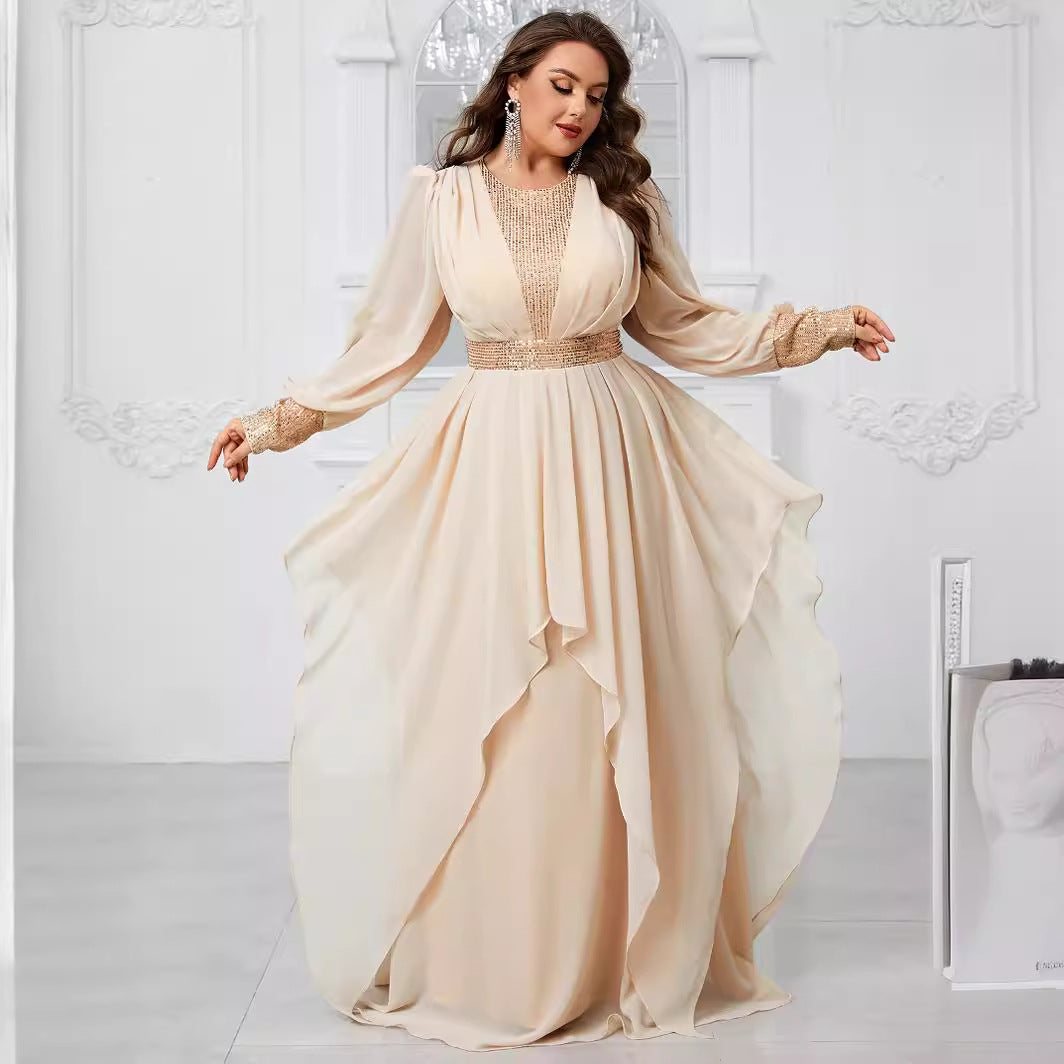 Plus Size Chiffon Stitching Sequined Lantern Sleeve Irregular Asymmetric Ruffles Elegant Party Dress - Wild Amber Fashion