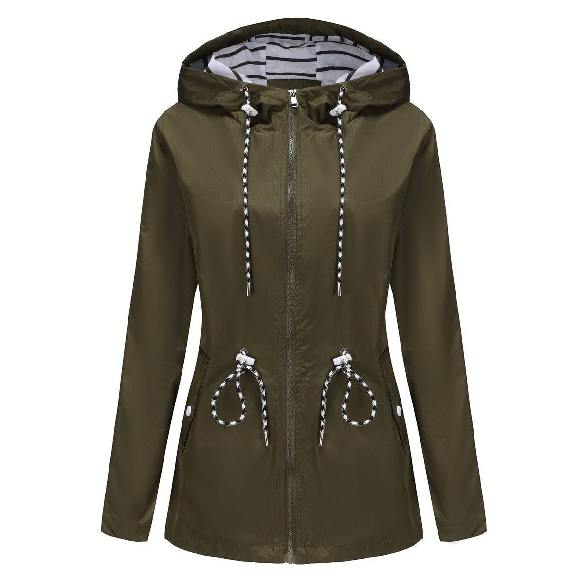 Long Sleeved Waterproof Mid Length Trench Coat Women Hooded Striped Raincoat Women Clothing  S Olive Green 