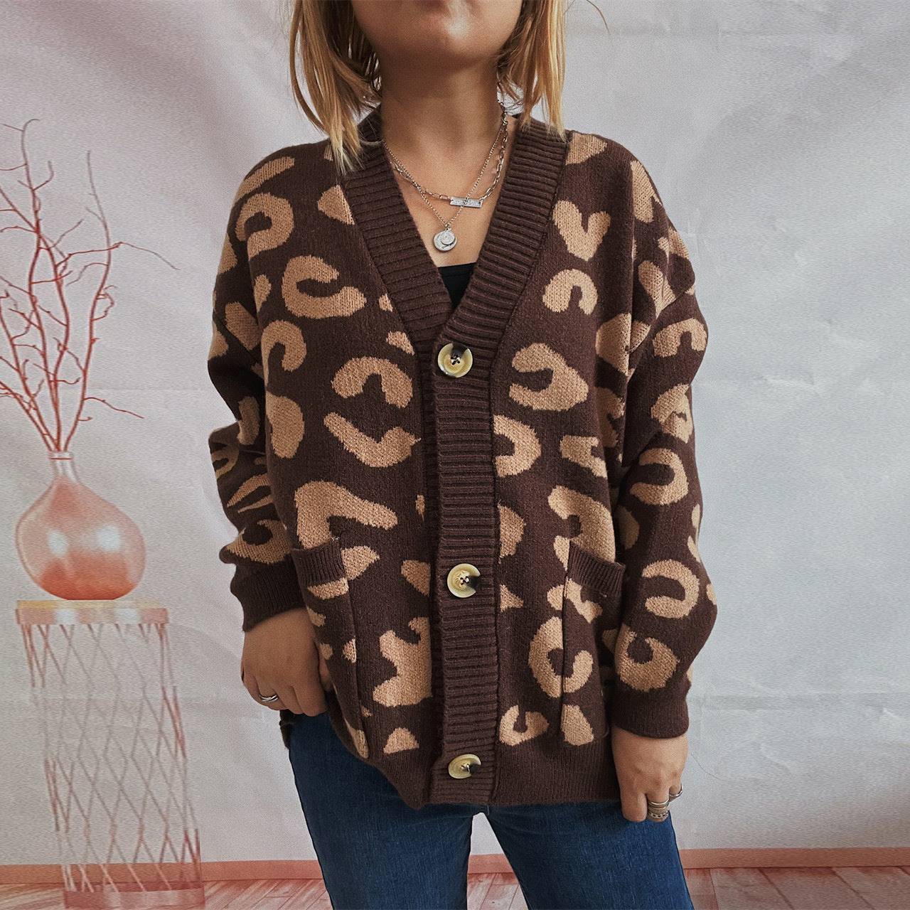 Leopard Print Knitted Sweater Coat for Stylish and Comfortable Winter Fashion  S Brown 