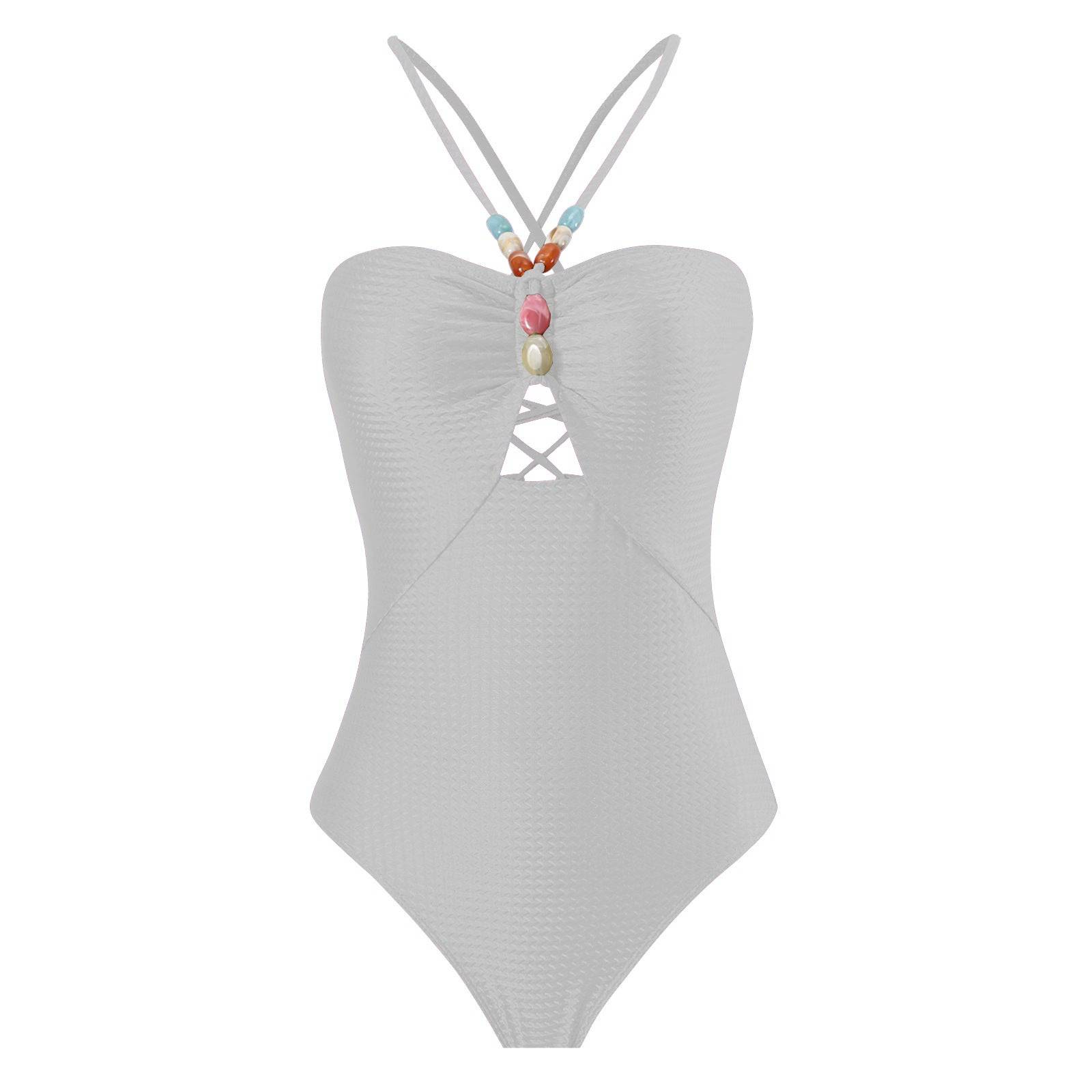 French Retro Boho One-Piece Swimsuit with Belly Coverage for Women  S White Swimsuit 