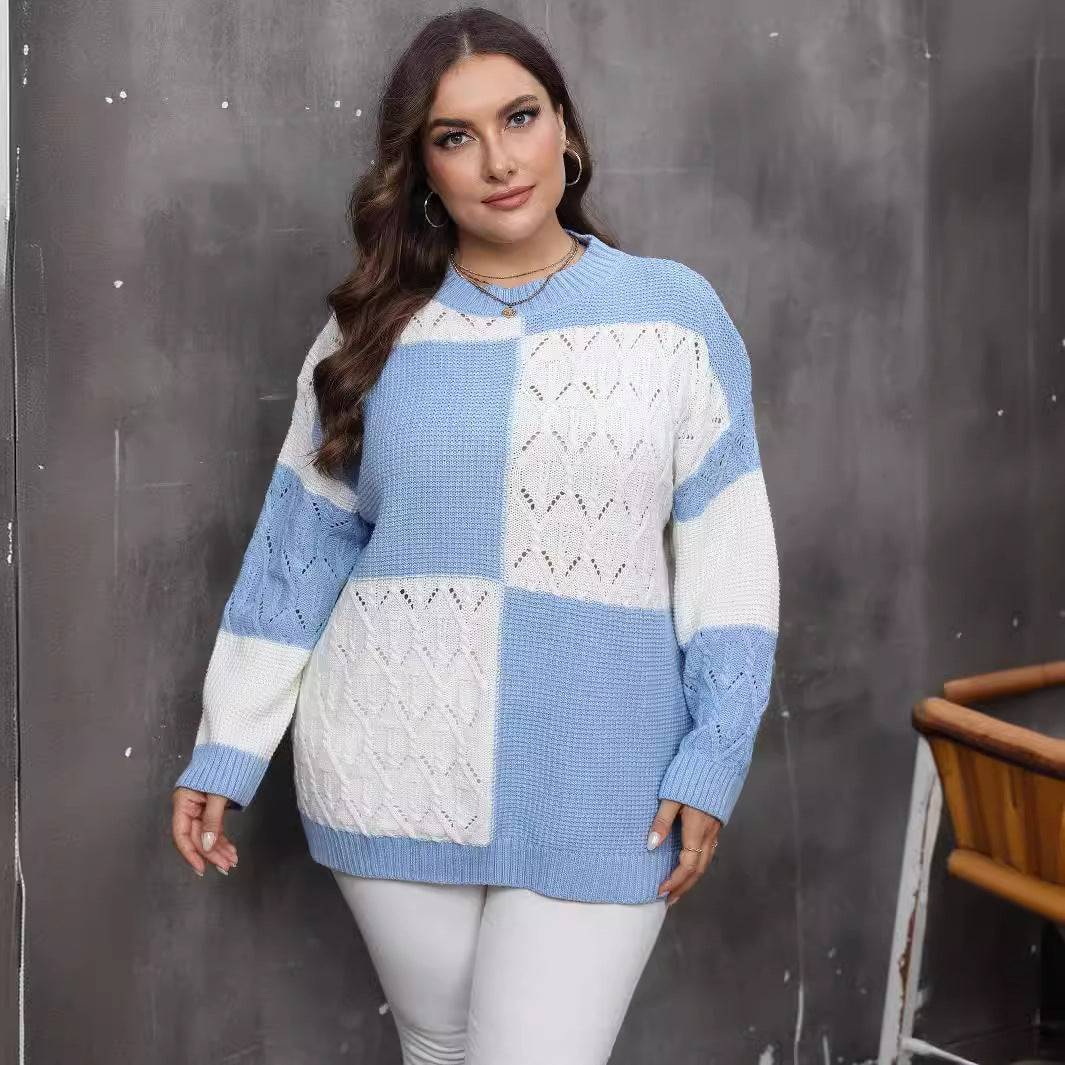 Plus Size Women Autumn Winter Ladies Top Pullover Shirt Color Contrast Patchwork Plaid Sweater - Wild Amber Fashion