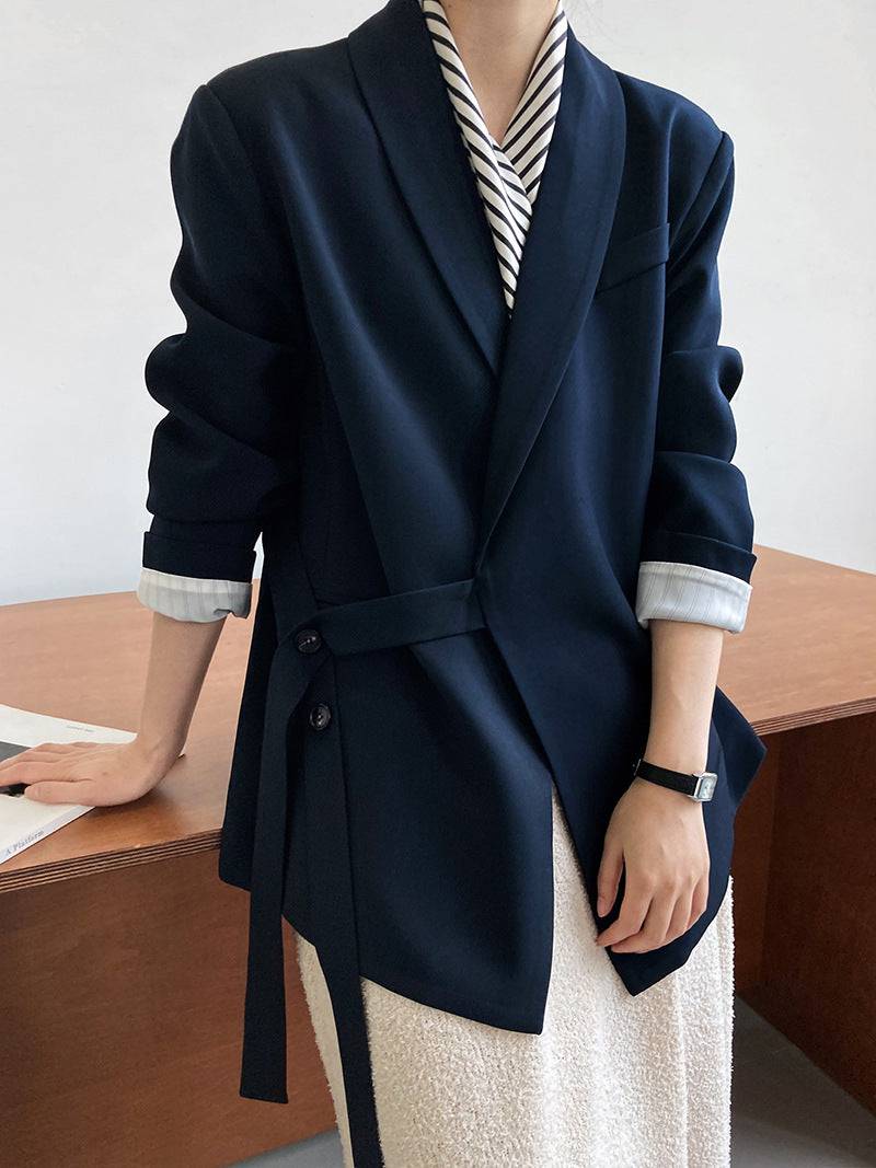 Loose Drape Lace-Up Blazer for Women  M Navy Blue 