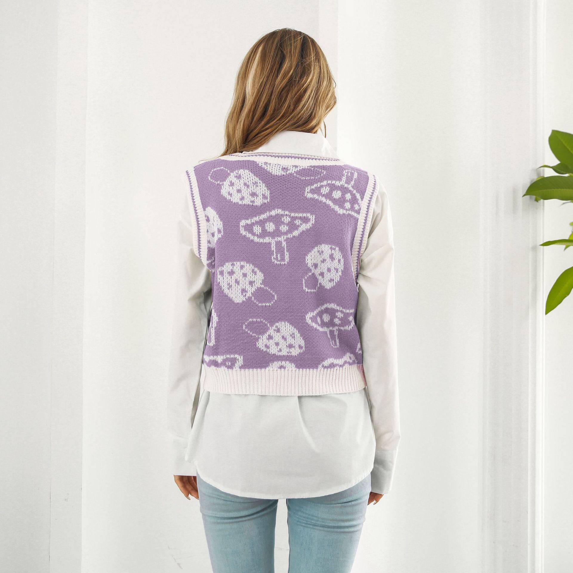 Preppy Cute Mushroom Jacquard Sweater Vest  S Purple 