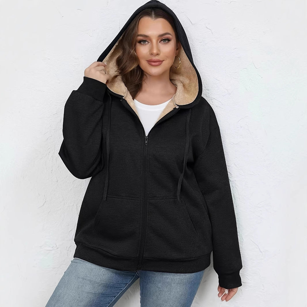 plus Size Women Clothing Winter Warm Plush Hoodie Coat