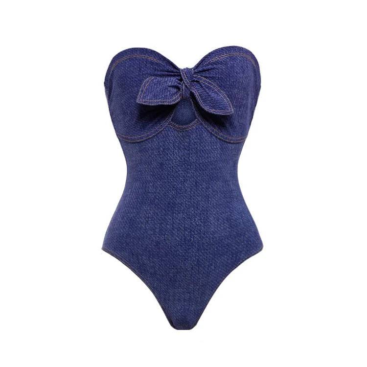 Slimming European French Retro Siamese Swimsuit with Boho Vacation Style  S Denim Color Swimsuit 