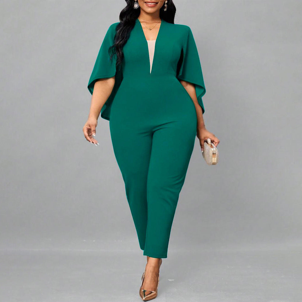 Plus Size Sexy Solid Color Bat Cloak Sexy V Neck Jumpsuit - Wild Amber Fashion