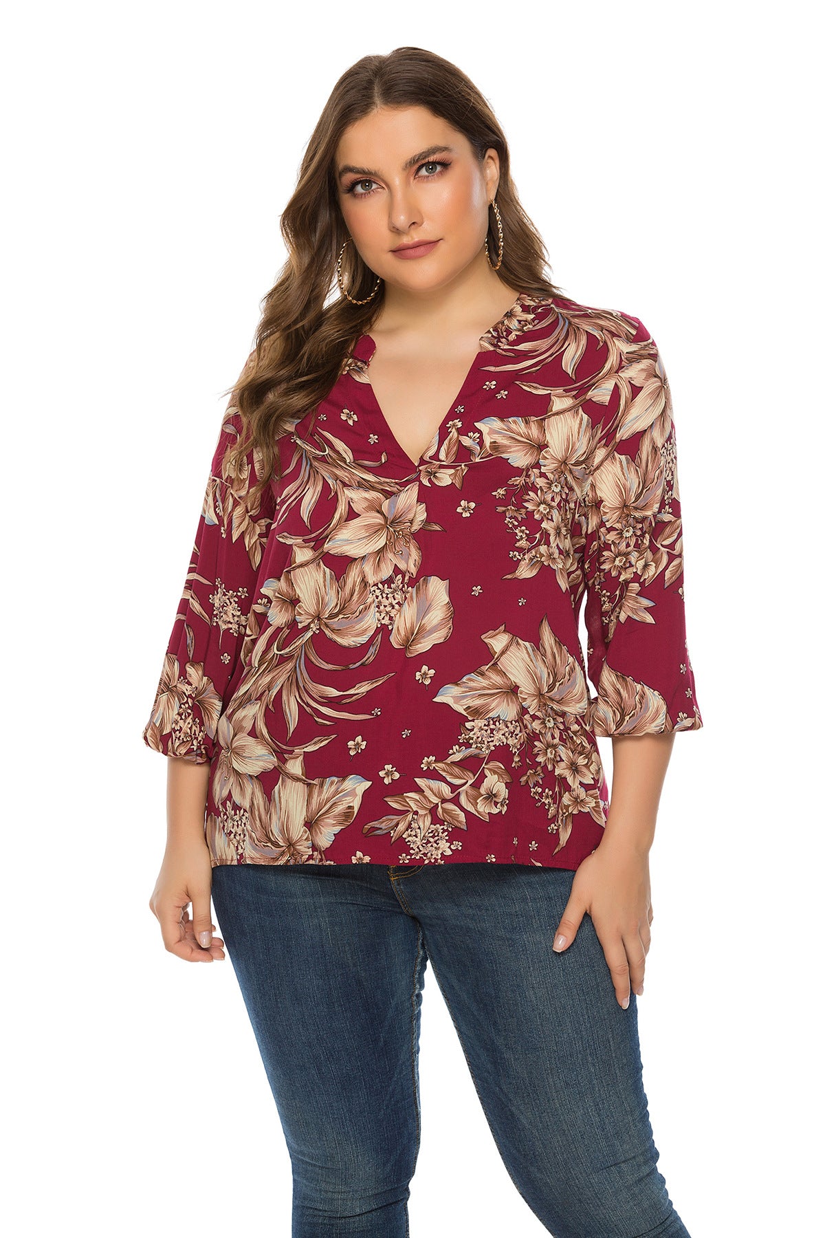 Plus Size Women Clothing Spring Autumn Long Sleeve V neck Printed Rayon Top - Wild Amber Fashion