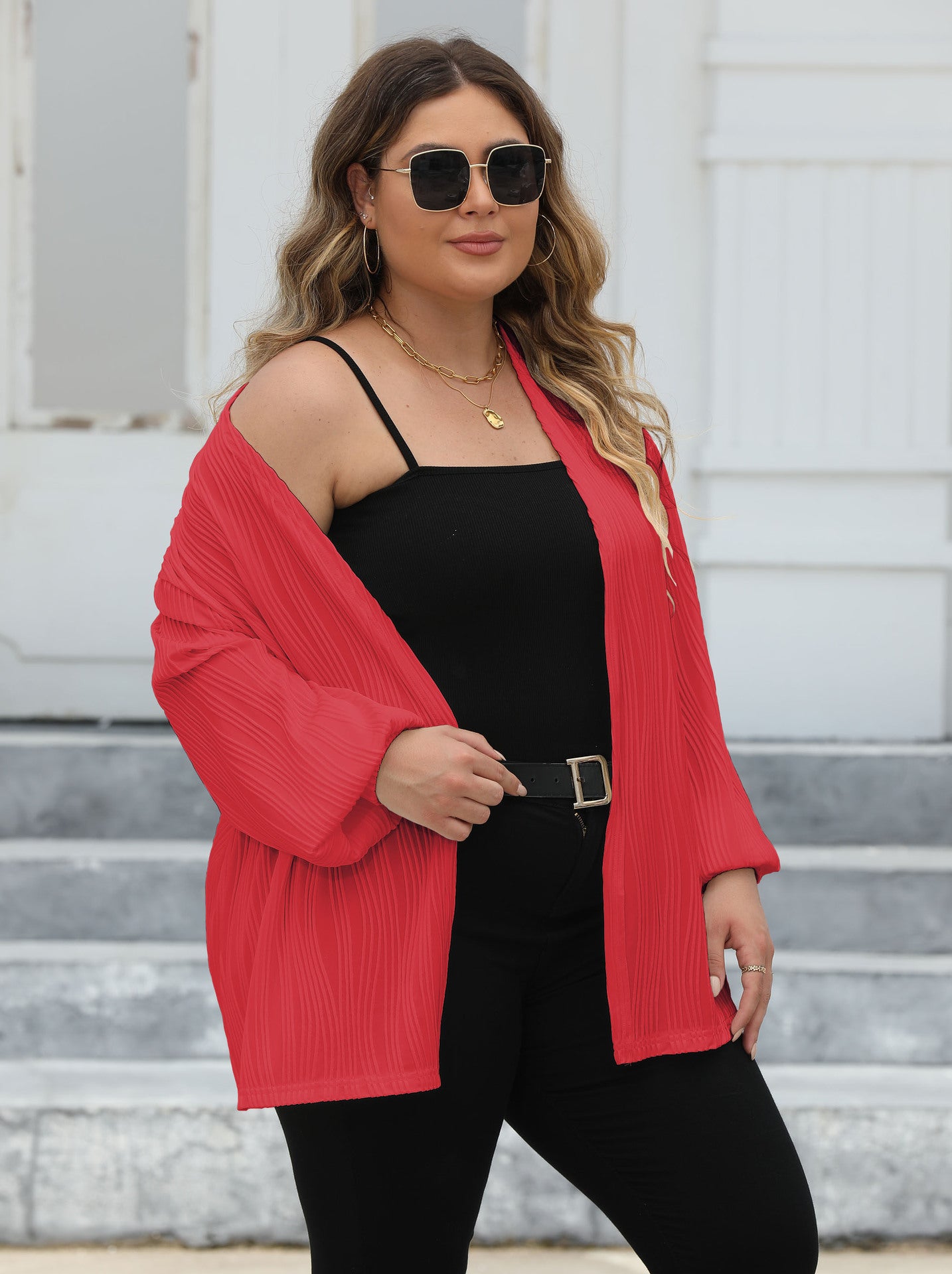 Plus Size Women Cardigan Women Wave Striped Casual Loose Jacket Comfortable Top Lantern Sleeve Air Conditioning Shirt - Wild Amber Fashion