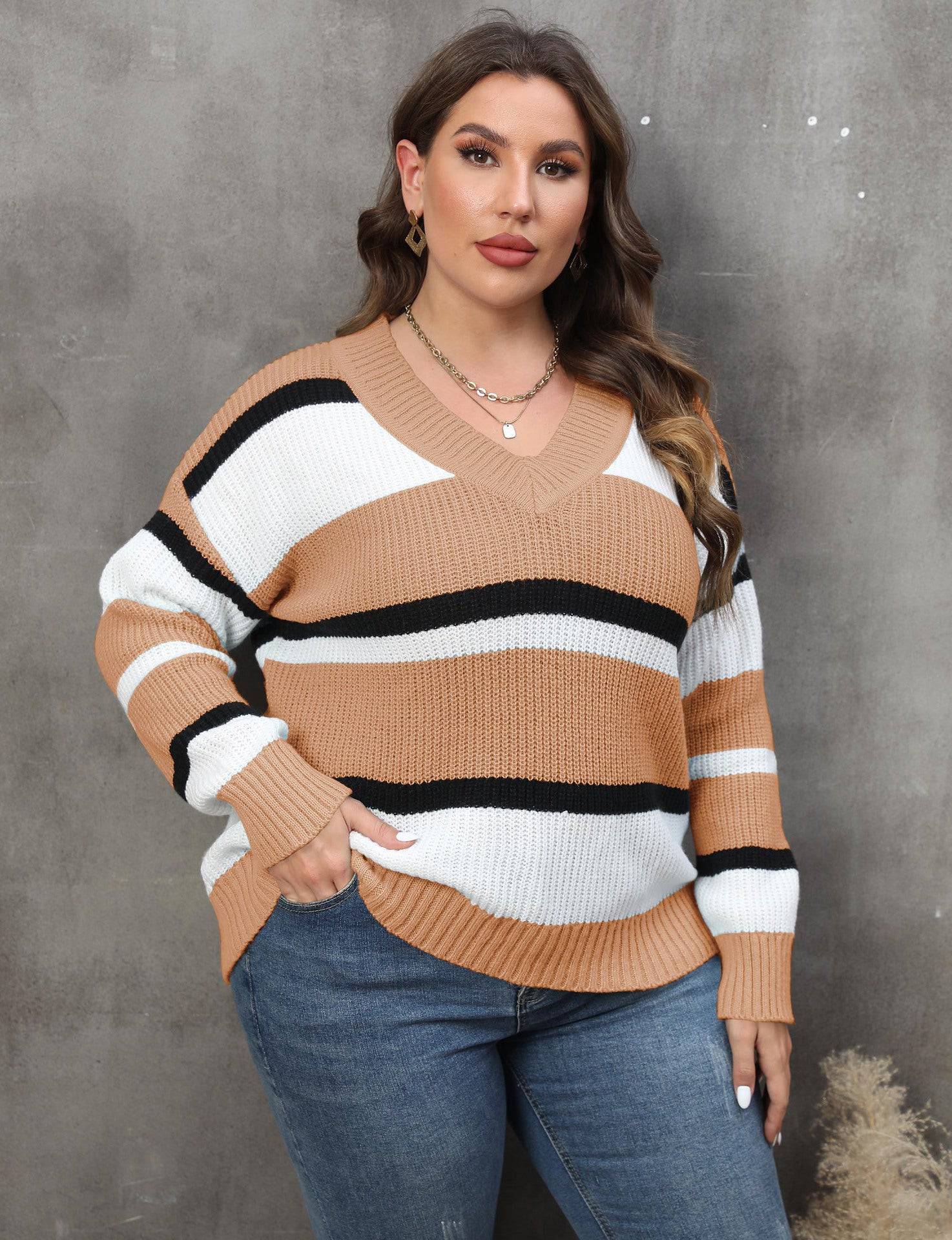 Plus Size Women Pullover Sweater Women Clothing Autumn Winter V Collar Contrast Color Stitching Sweater - Wild Amber Fashion