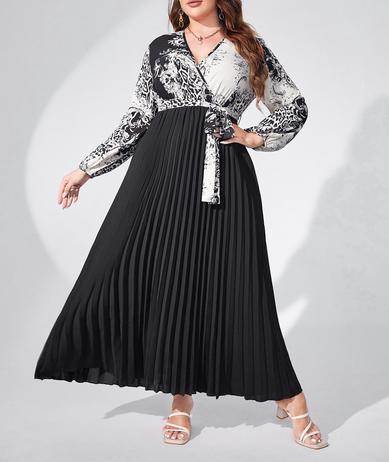 Plus Size Elegant Long Sleeve V Neck High Waist Stitching Printed Dress High End Dress - Wild Amber Fashion