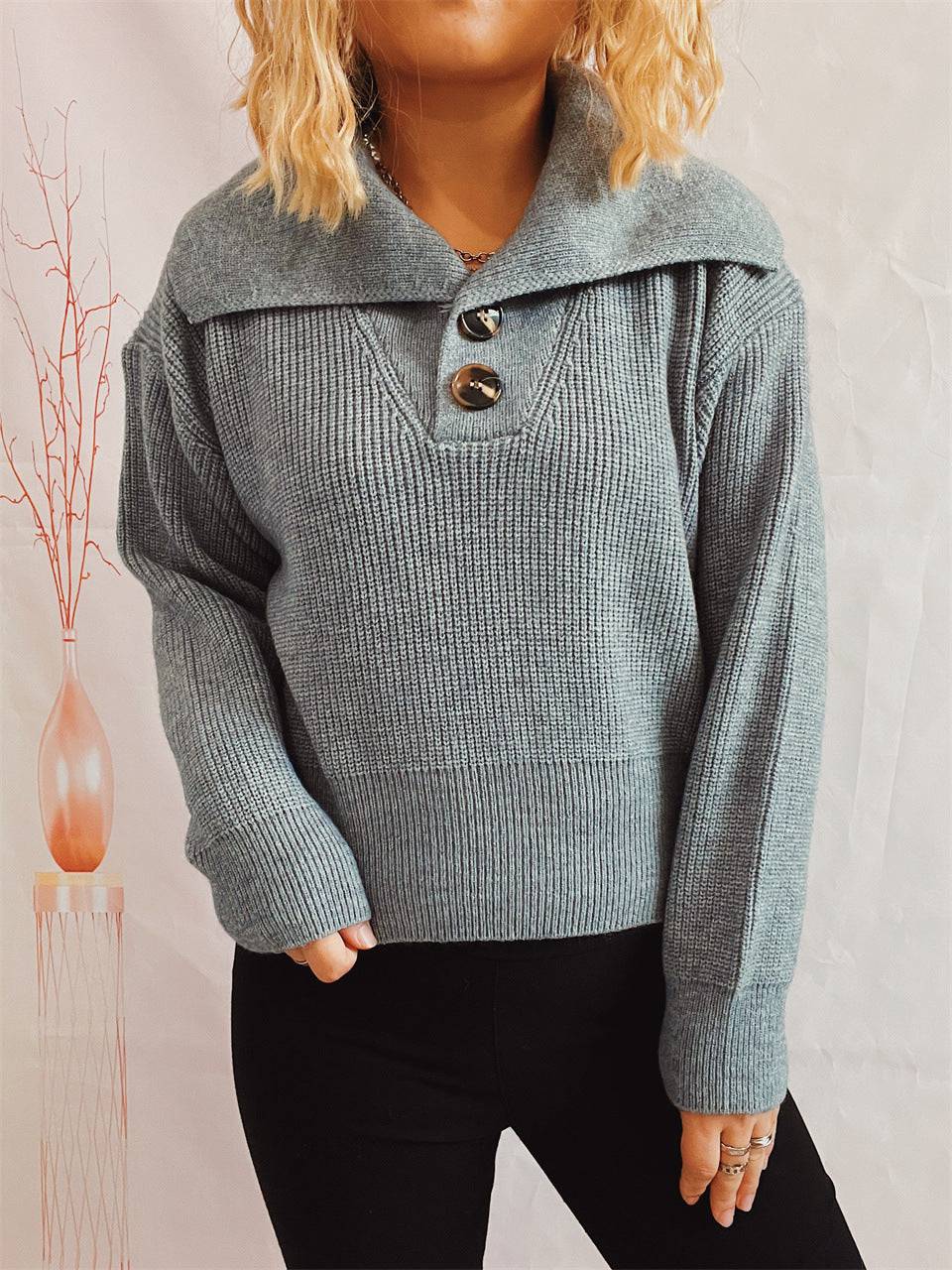 Professional Chic Collared Knit Sweater for Women  S Gray 