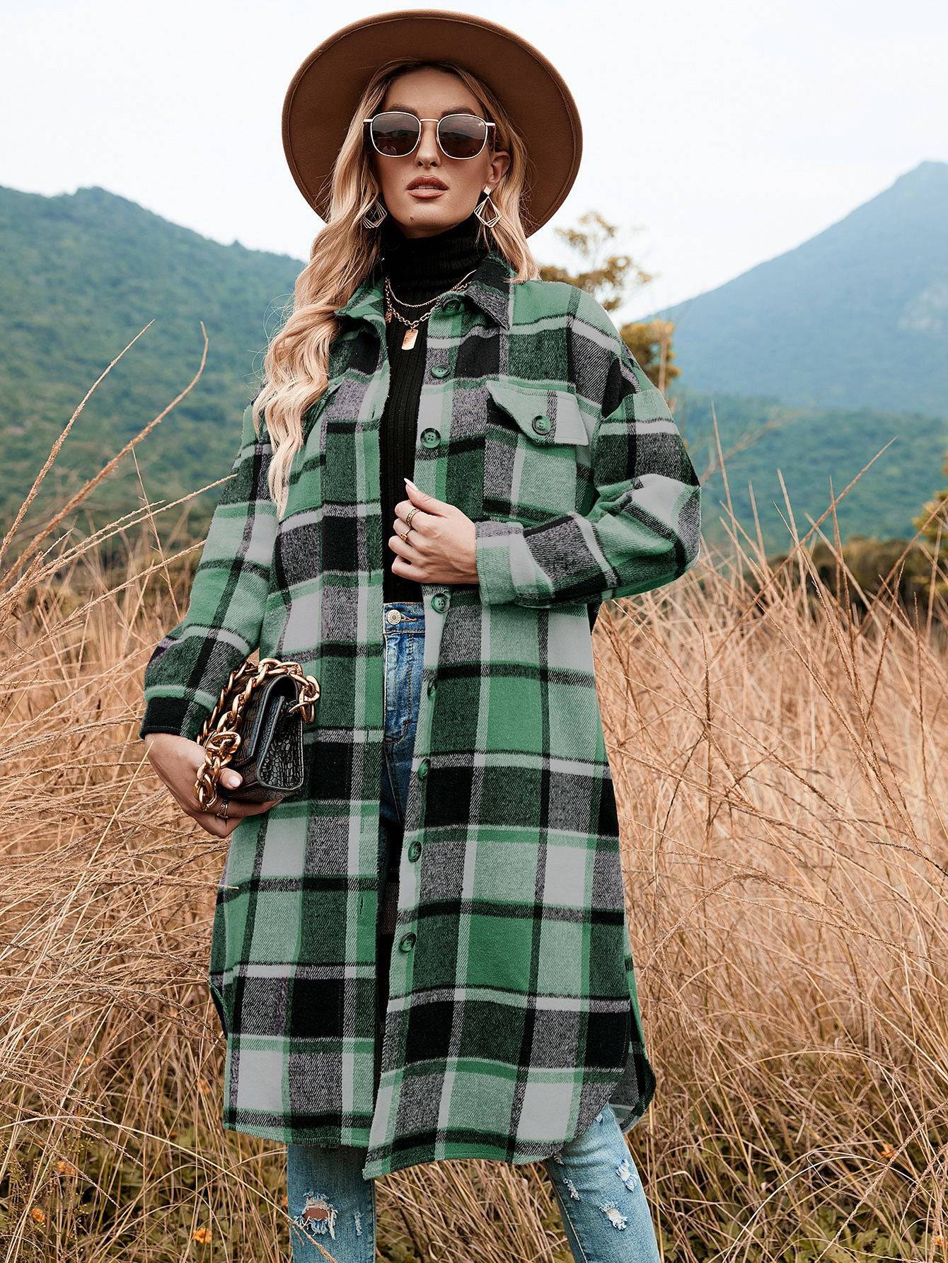 Women's Classic Check Plaid Trench Coat for Autumn and Winter  S Green 