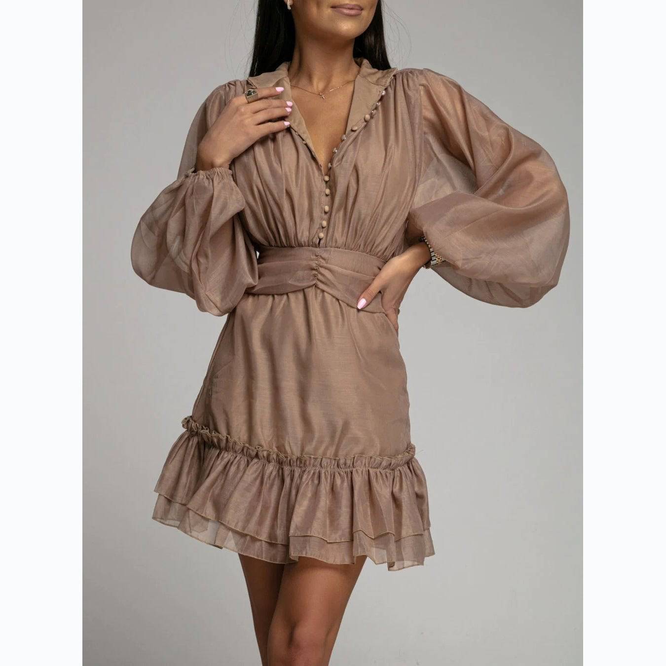 Elegant Single-Breasted Ruffled Organza Dress with Waist Trimming  S Brown 