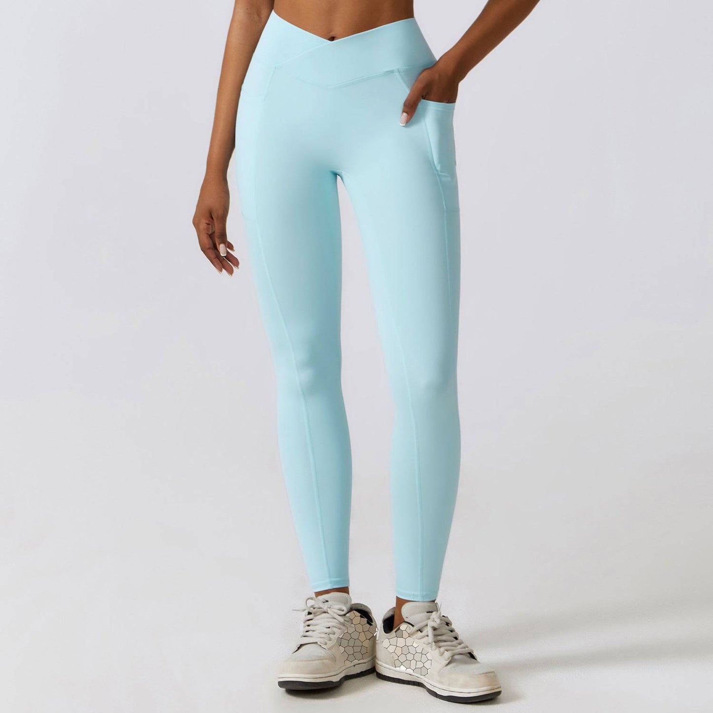 Peach High Waist Yoga Pants with Pocket for Women  S Light Blue 